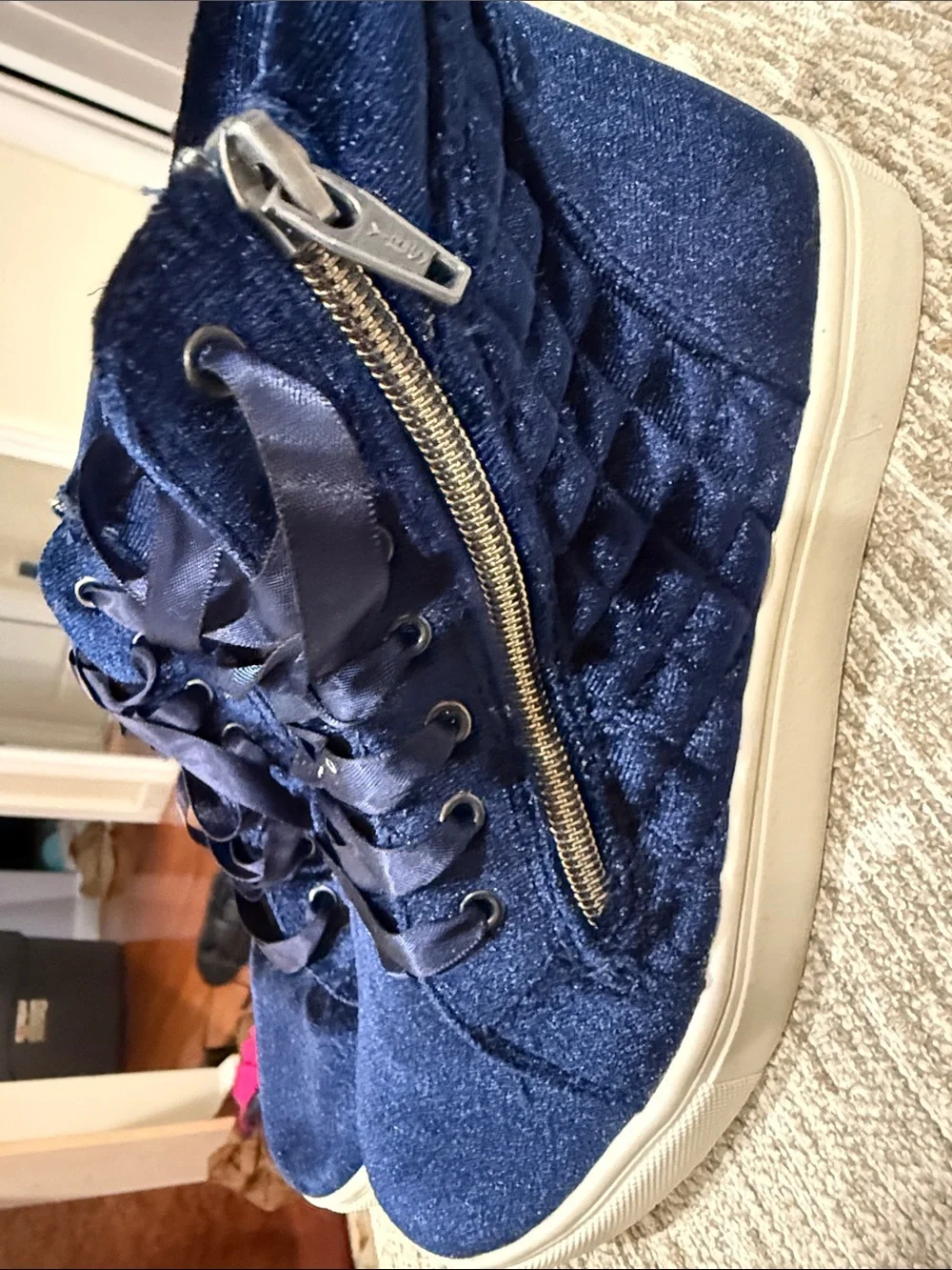 Girls Navy Velvet High-Top Sneakers